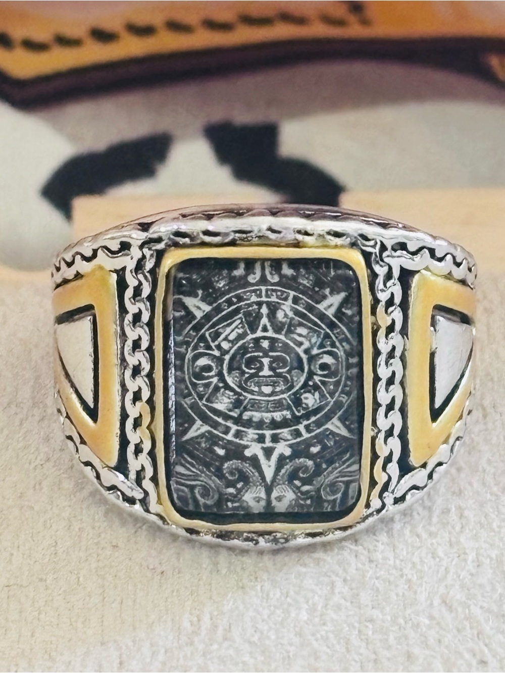 Two-Tone Aztec Motif Men's Signet Ring in Black and Gold Size 10